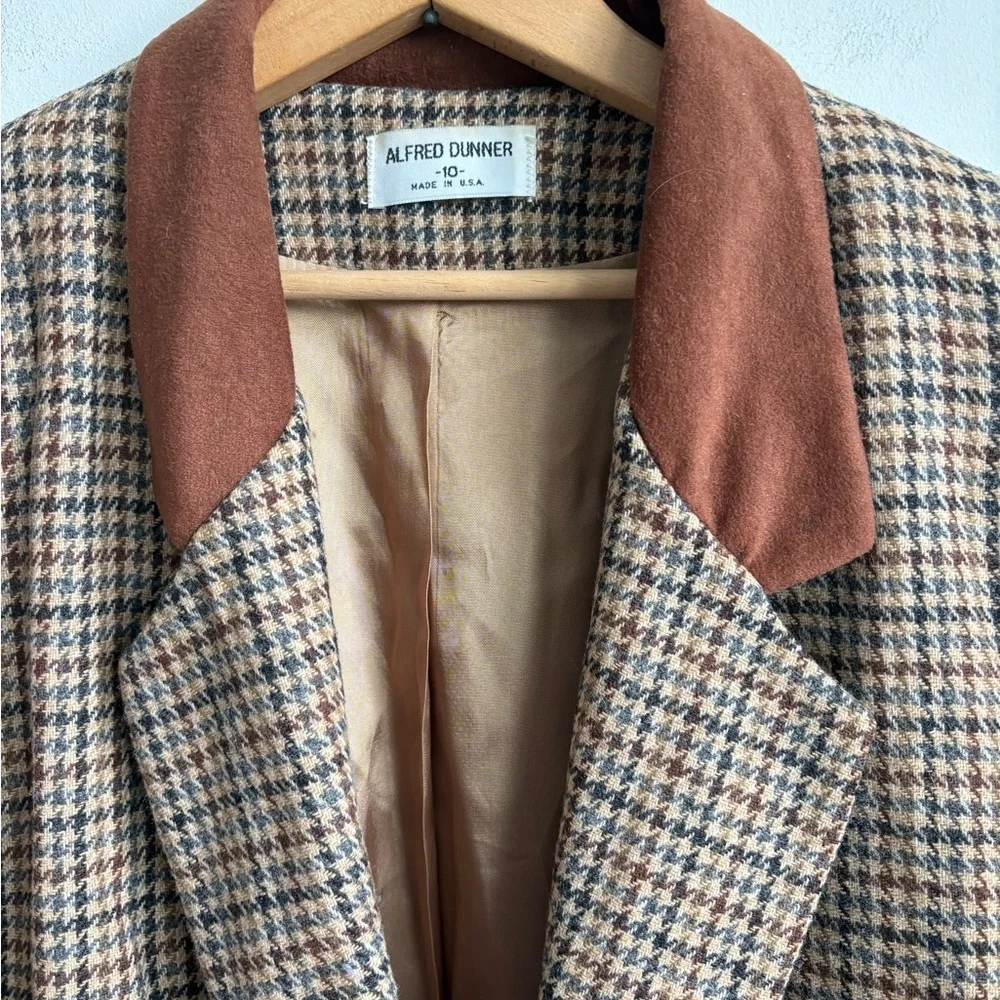 Vintage Alfred Dunner Brown Wool Blend Houndstooth Blazer Jacket Size 10